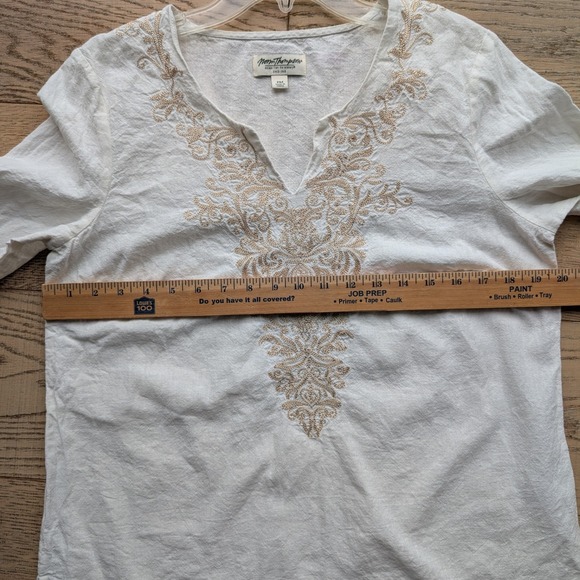 Norm Thompson Embroidered Linen Blend‎ Top Cream Beige Petite Medium PM Boho - Picture 6 of 6